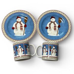 Vintage Debbie Mumm Sakura Snowmen Coffee Mug And Salad Plate Set